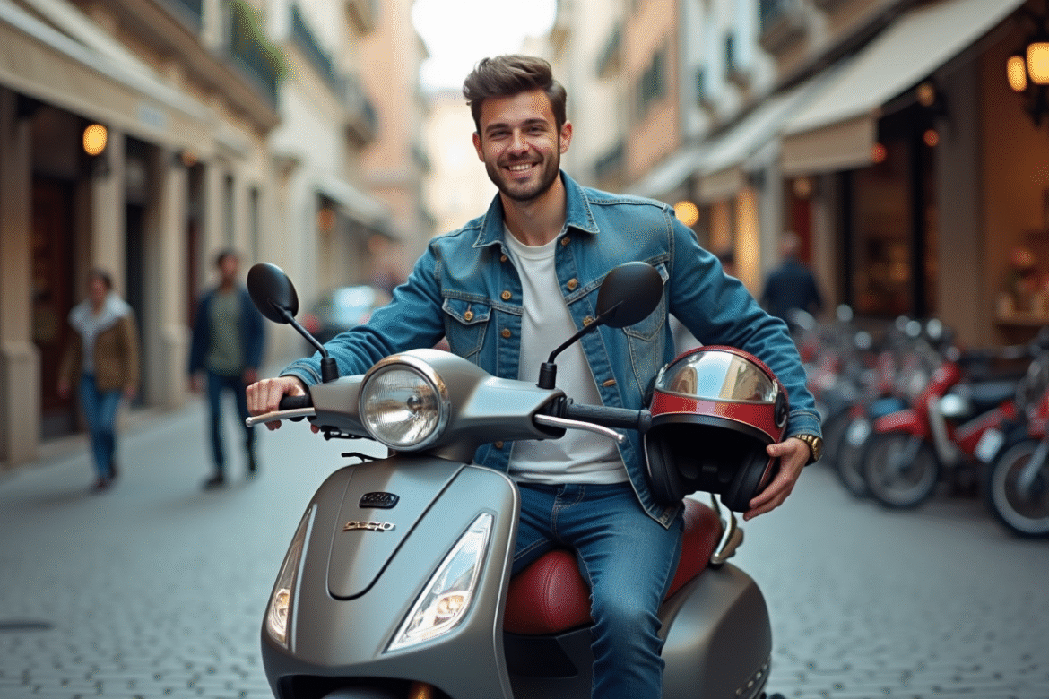 Jeune homme en denim sur scooter en ville