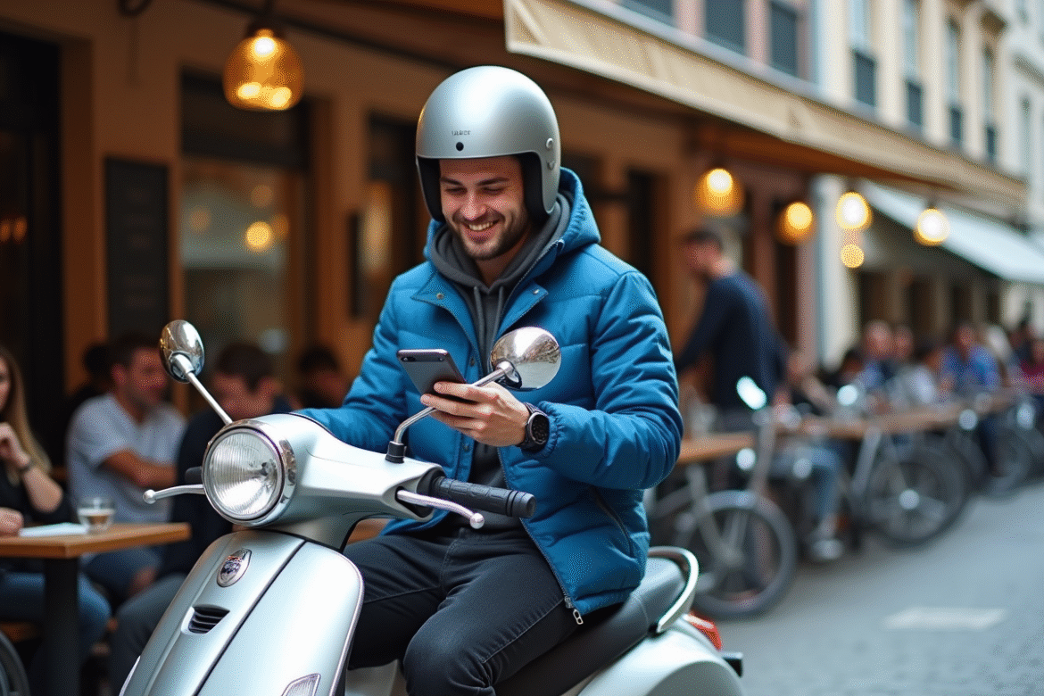 Jeune homme sur scooter en ville souriant en regardant son téléphone