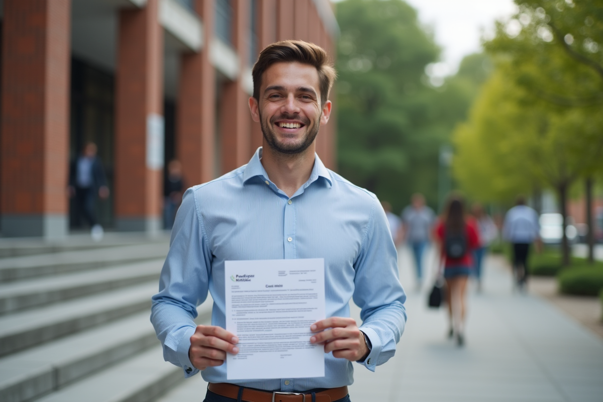Jeune homme souriant avec document de pret universitaire