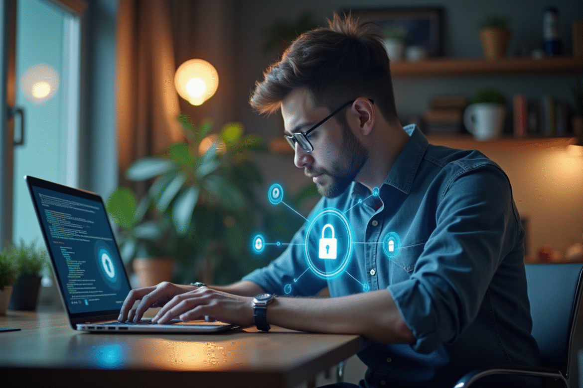 Jeune professionnel utilisant un ordinateur avec cadenas digital