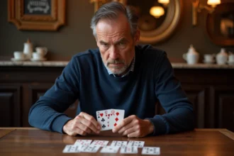 Homme concentré jouant à la belote dans un café français traditionnel avec des cartes étalées sur une table en bois