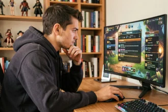 Joueur concentré devant un écran affichant des quêtes de jeu en ligne avec interface fantasy colorée