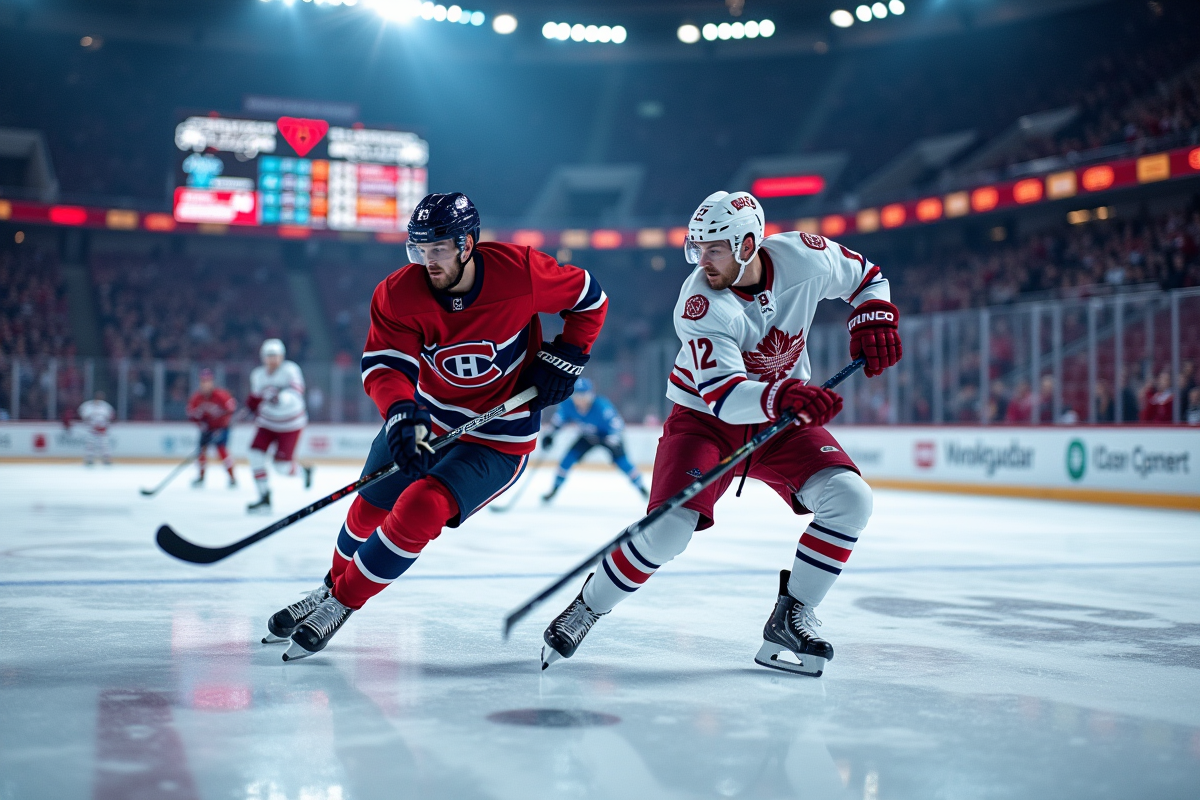 Deux joueurs de hockey en action avec tableau de score numérique en arrière-plan
