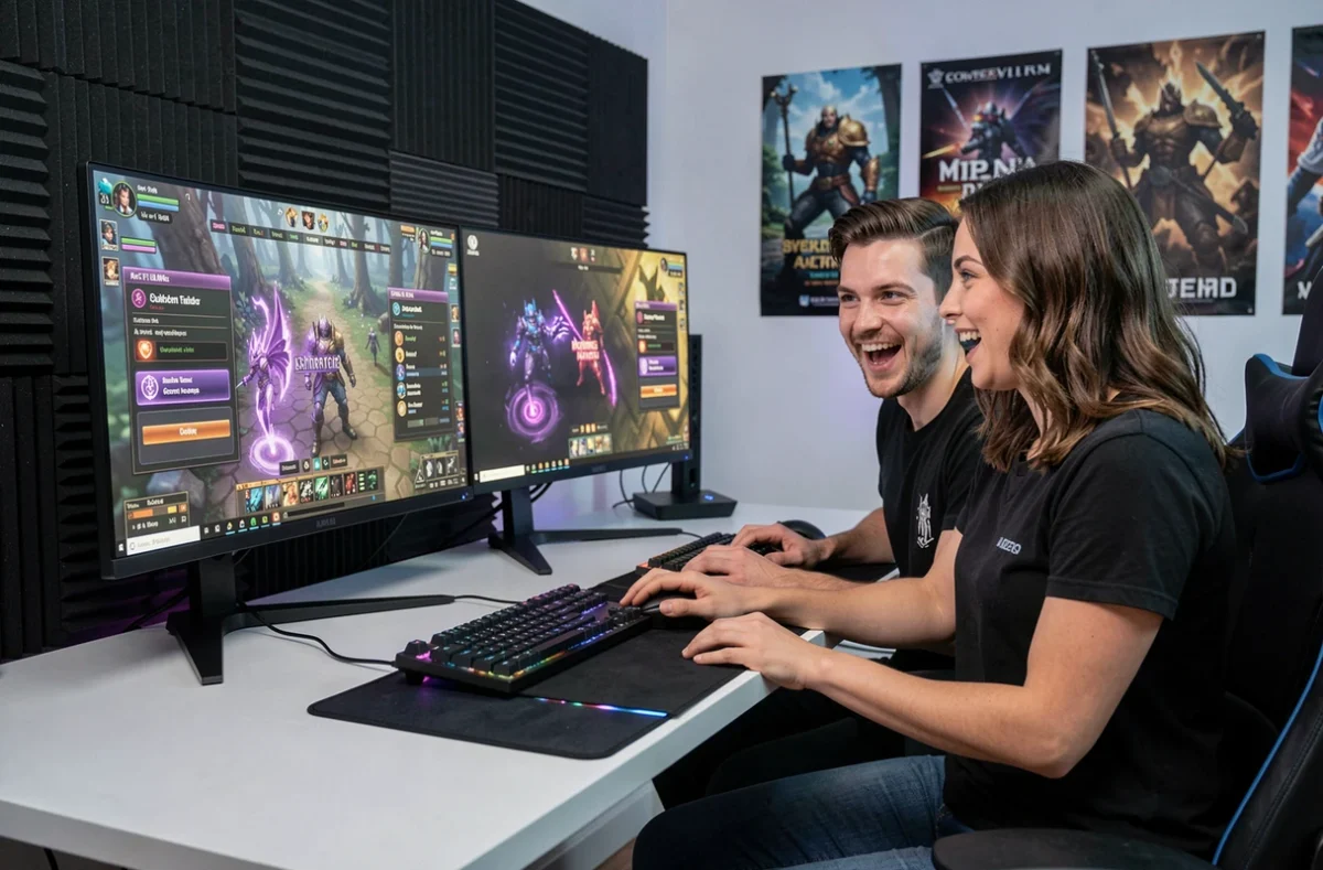 Deux joueurs célébrant la validation de succès dans un RPG fantasy en ligne sur double écran
