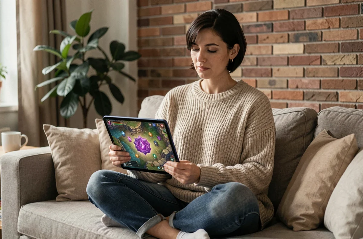 Joueuse consultant une carte de quêtes fantasy sur tablette avec artefact pourpre affiché