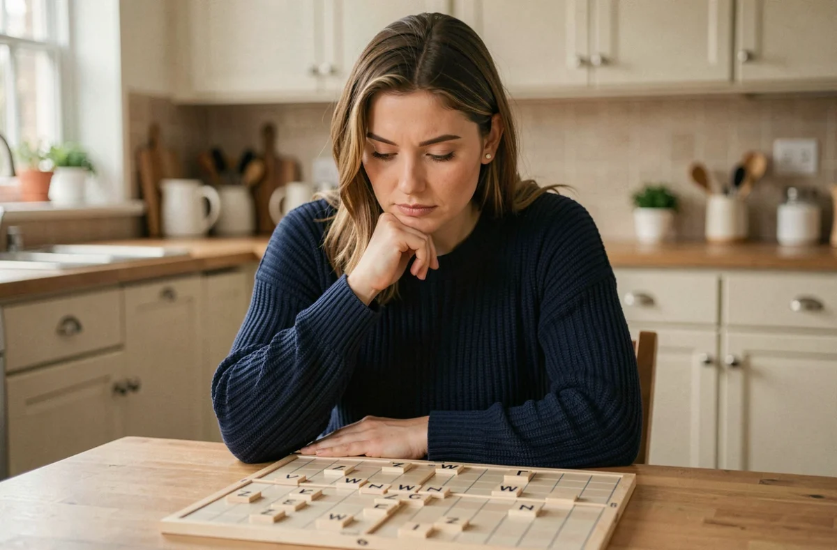 Femme concentrée jouant au Scrabble avec des mots de 3 lettres comportant les lettres W et Z sur un plateau de jeu