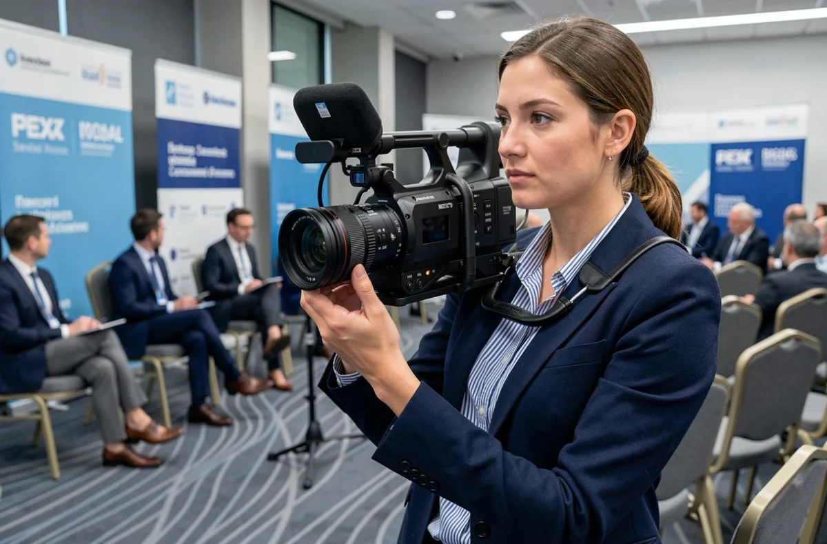 Julie Rodrigue vidéaste corporate filmant un panel de conférence professionnelle dans un centre de convention moderne