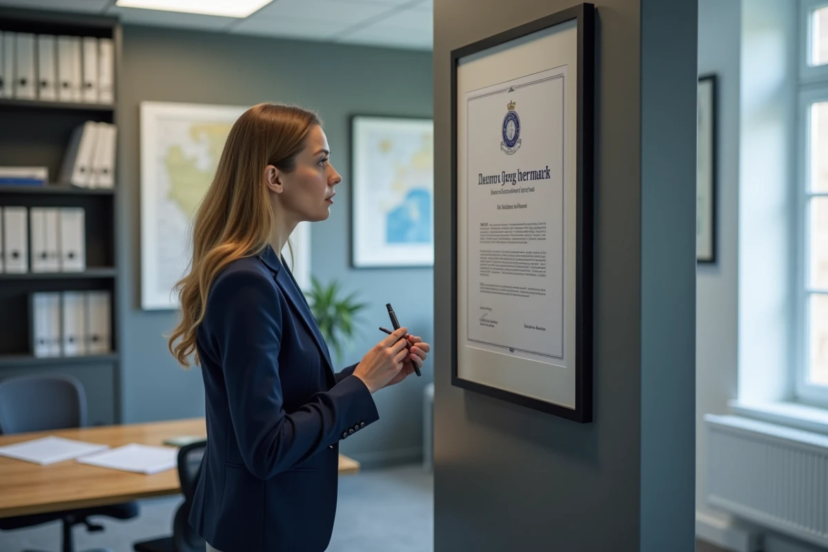 Juriste examinant un certificat de marque hermine bretonne dans un bureau administratif à Rennes