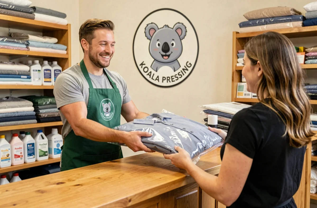Employé de Koala Pressing remettant un vêtement emballé à une cliente souriante au comptoir