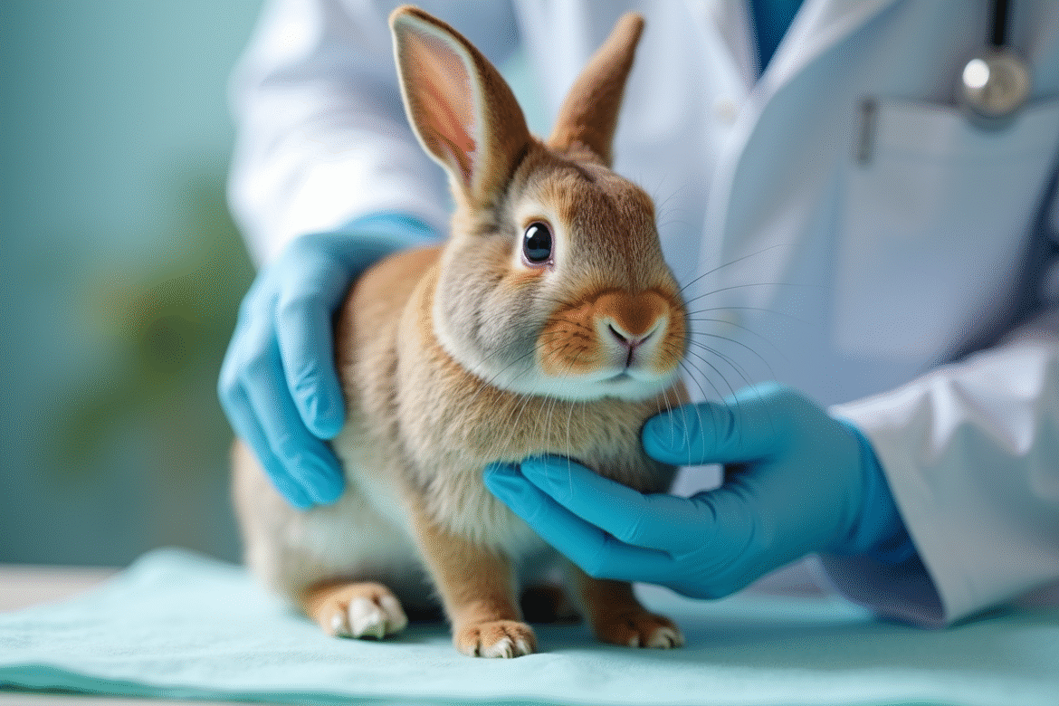 Lapin nain en bonne santé examiné par un vétérinaire dans une clinique lumineuse