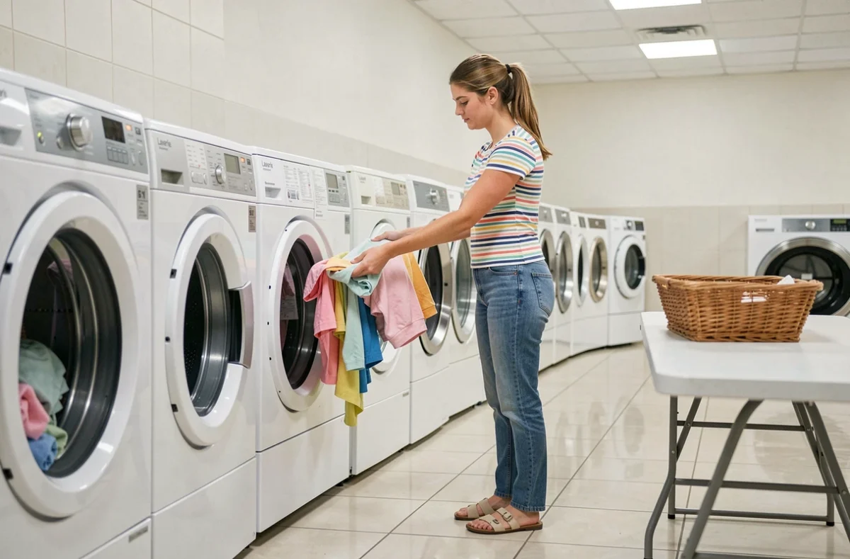 Jeune femme chargeant du linge coloré dans une machine à laver de la Laverie Trilport
