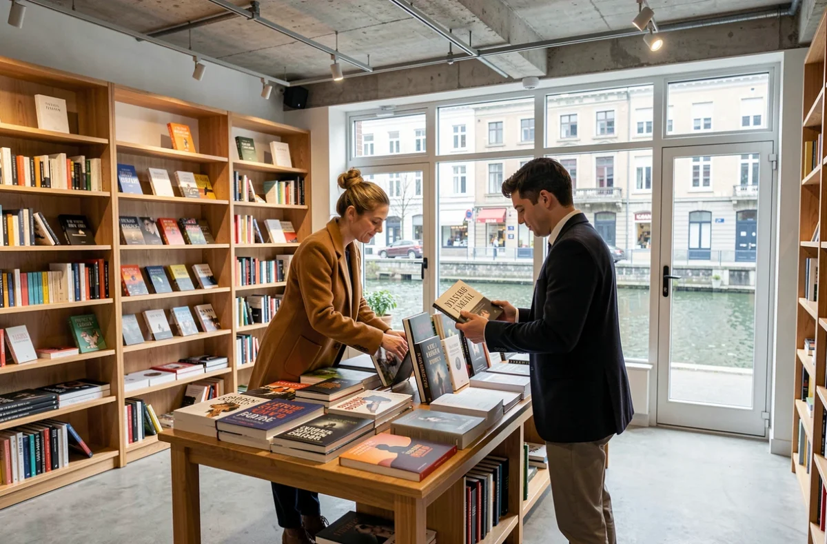 Libraire conseillant un client devant une table de présentation dans la librairie Le Grand B à Pantin avec vue sur le canal