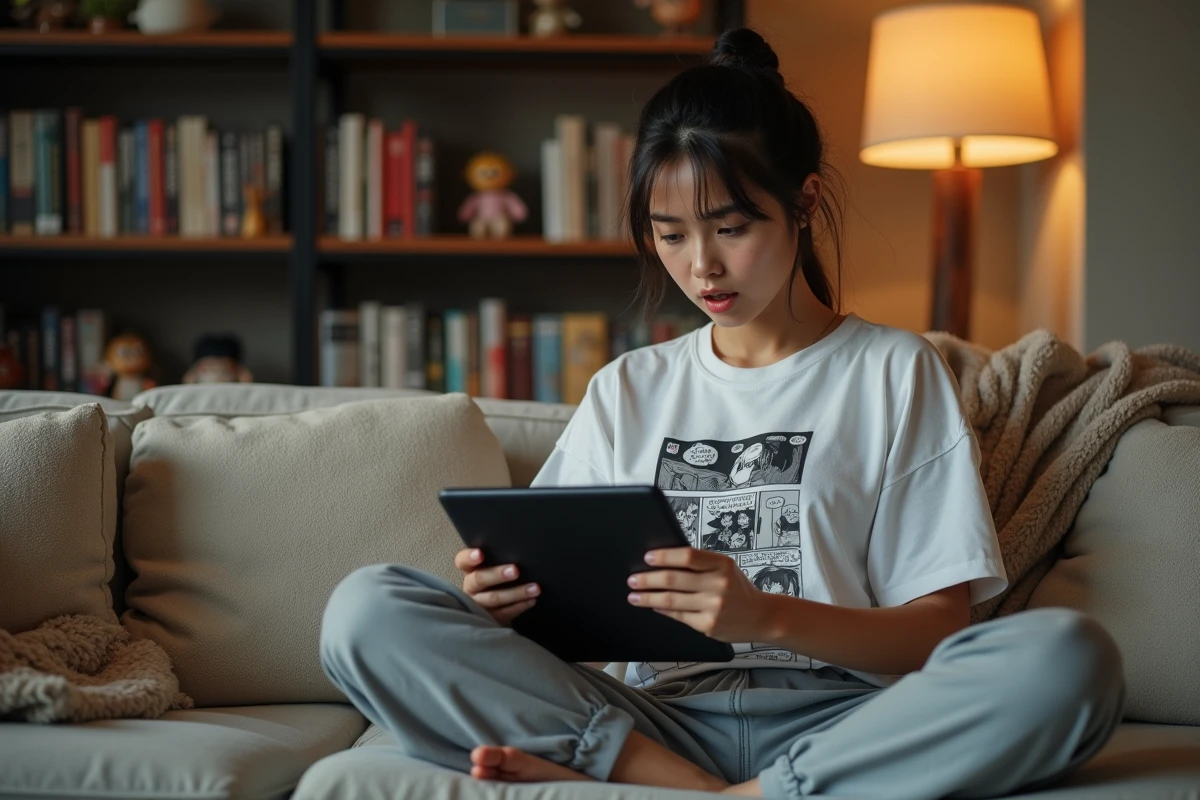 Jeune femme fan lisant le scan VF du chapitre 1143 de One Piece sur une tablette avec une expression de surprise