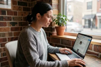 Femme consultant un lecteur de documents numérique sur un ordinateur portable dans un bureau à domicile avec une connexion limitée