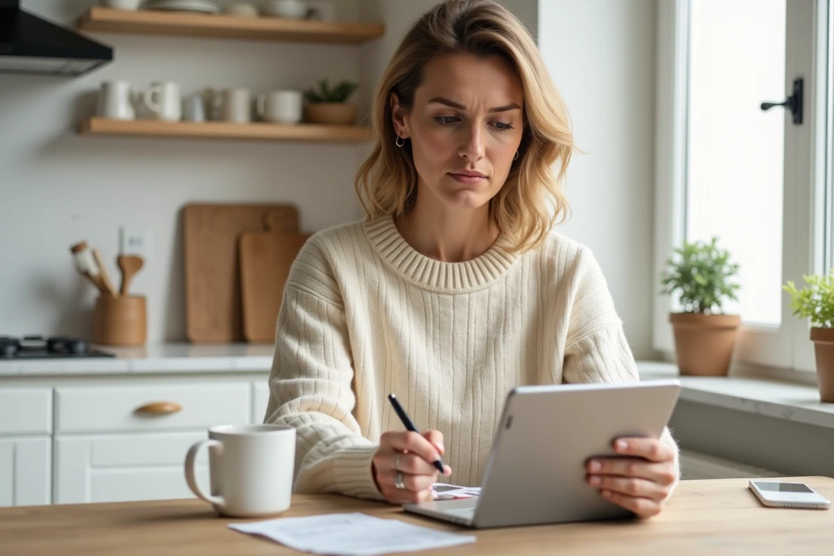 Femme lisant une politique de confidentialité sur une tablette dans une cuisine de style scandinave