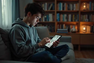 Jeune homme lisant des scans manga sur une tablette dans un salon rempli de volumes manga