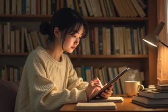 Jeune femme lisant un webtoon sur tablette dans une chambre cosy avec des étagères remplies de mangas