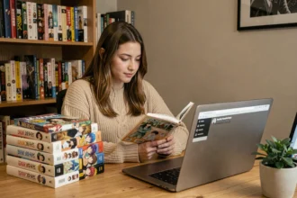 Jeune femme lisant des mangas en format numérique et physique à son bureau, comparant les options gratuites et payantes pour les yaois scans