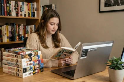Jeune femme lisant des mangas en format numérique et physique à son bureau, comparant les options gratuites et payantes pour les yaois scans