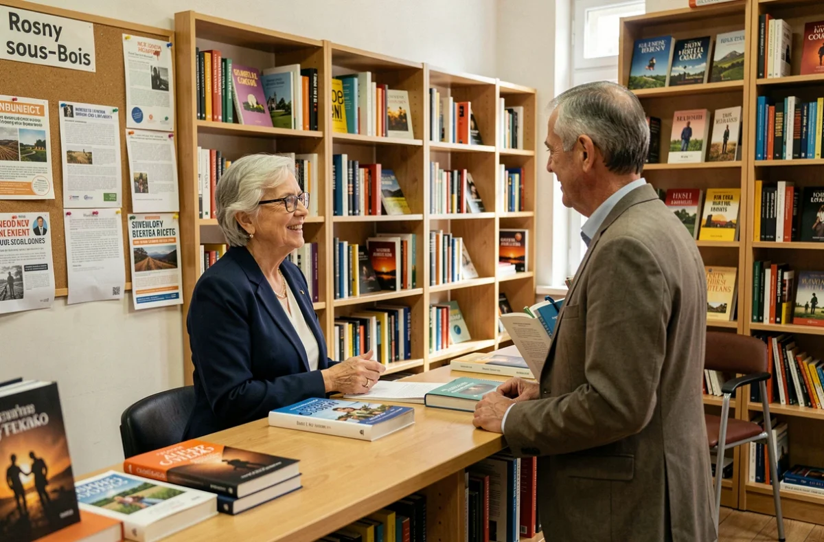 Libraire discutant avec un client dans la librairie généraliste Les Jours Heureux à Rosny-sous-Bois