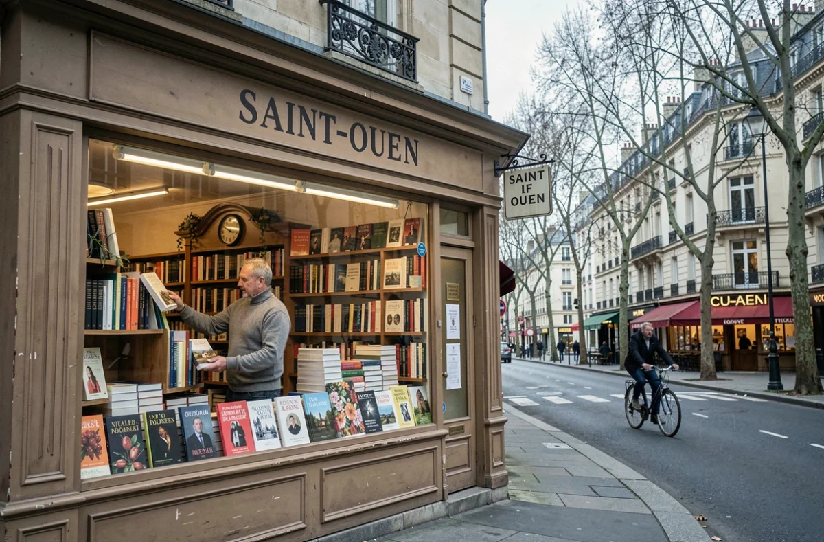 Devanture de la Librairie de l'Avenue à Saint-Ouen sur un boulevard avec un libraire arrangeant la vitrine