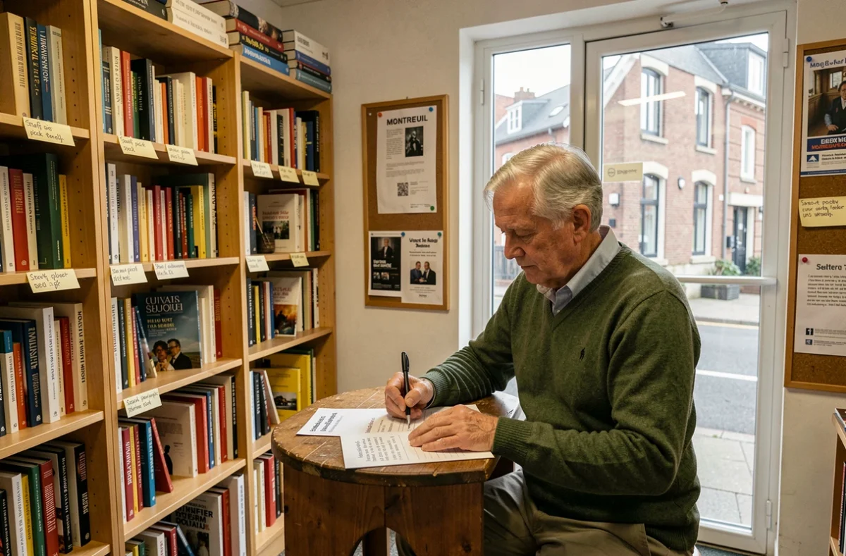 Libraire rédigeant une carte de recommandation dans la Librairie du Plateau, librairie de quartier à Montreuil