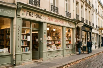 Vue de rue de librairies indépendantes en Seine-Saint-Denis avec devantures colorées et livres en vitrine