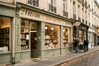 Vue de rue de librairies indépendantes en Seine-Saint-Denis avec devantures colorées et livres en vitrine