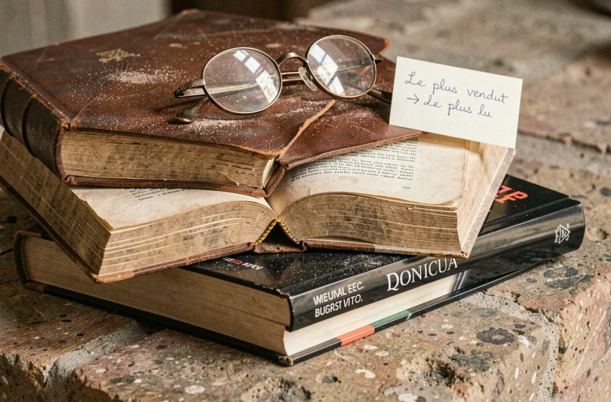 Livres iconiques empilés en vue de dessus avec note manuscrite sur la distinction entre livres vendus et livres lus