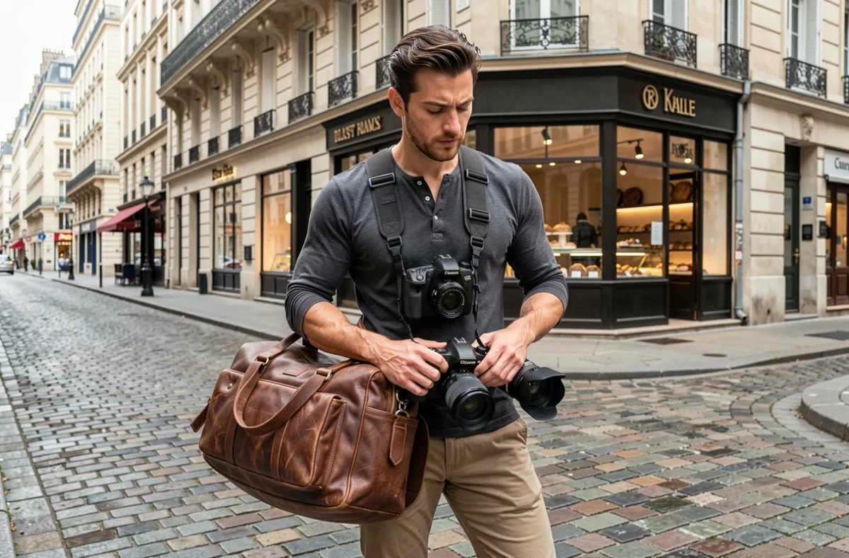 Vidéaste et photographe polyvalent Lmoh en rue française avec équipement photo et vidéo professionnel