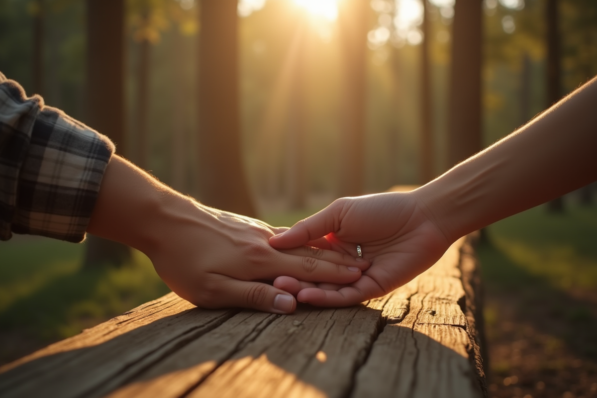 Mains tenant des alliances dans un cadre forestier paisible