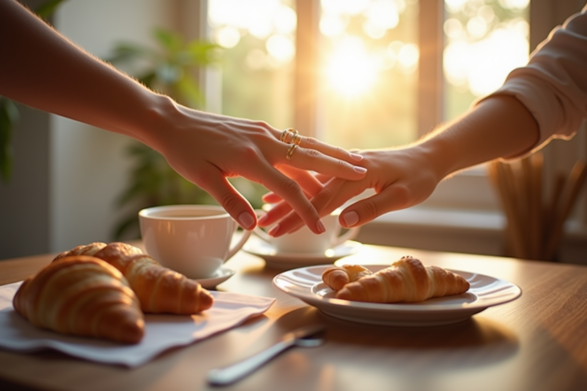 Mains avec alliances posées sur un petit déjeuner en matinée ensoleillée