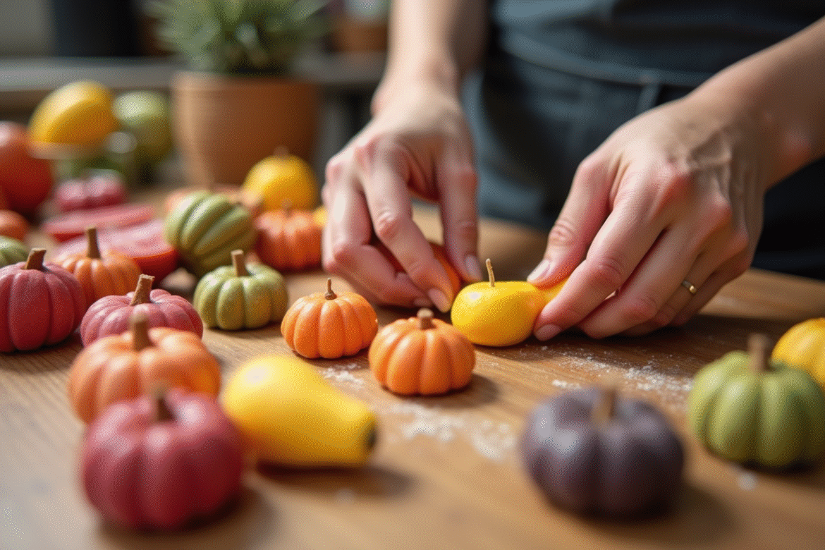 Mains façonnant des fruits en marzipan colorés sur une table en bois