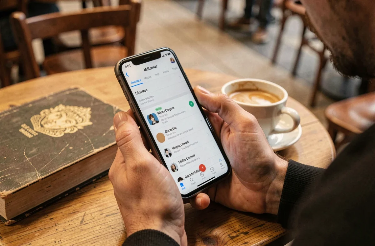 Mains tenant un smartphone affichant les options de récupération de chapitres supprimés sur une application de lecture Epsilon BL dans un café