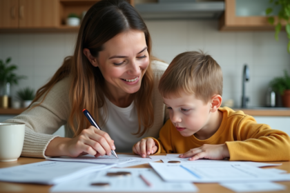 Femme et enfant discutant de finances à la cuisine
