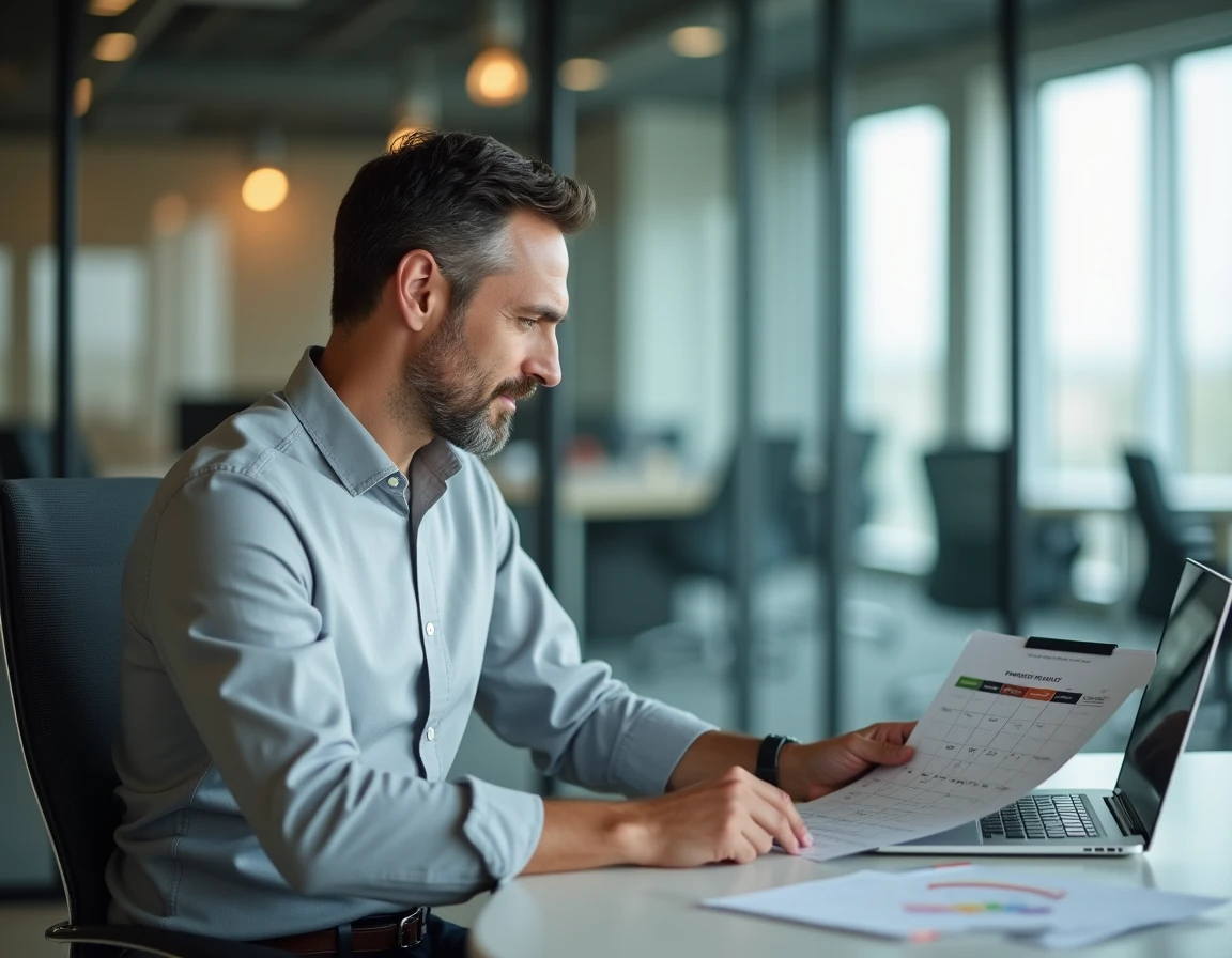 Manager analysant un planning de rotation semaine paire impaire à son bureau en entreprise