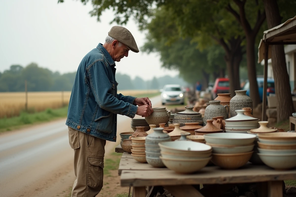 Vieux homme arrangeant des céramiques au marché rural