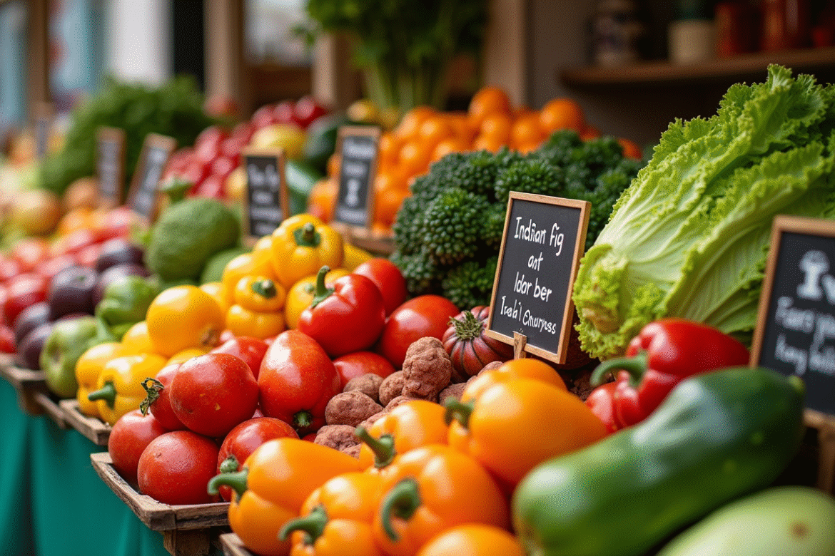 Marché coloré avec fruits et légumes rares débutant par I