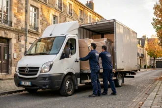Équipe de déménageurs professionnels chargeant un camion dans une rue pavée d'une ville du Doubs