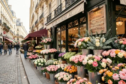 Devanture d'une boutique fleuriste parisienne avec des seaux de fleurs colorées sur le trottoir pavé