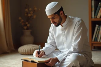 Jeune homme musulman mémorisant la sourate Al-Kursi assis sur un tapis de prière avec un Coran ouvert