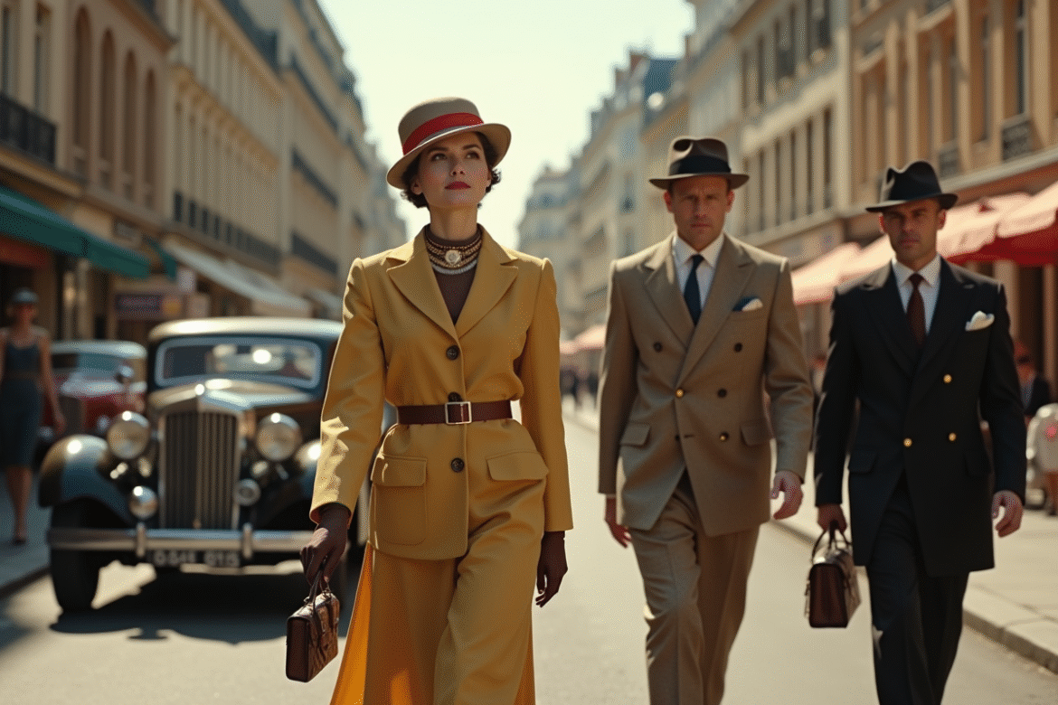 Scène de mode élégante à Paris en 1946 avec tenues sophistiquées