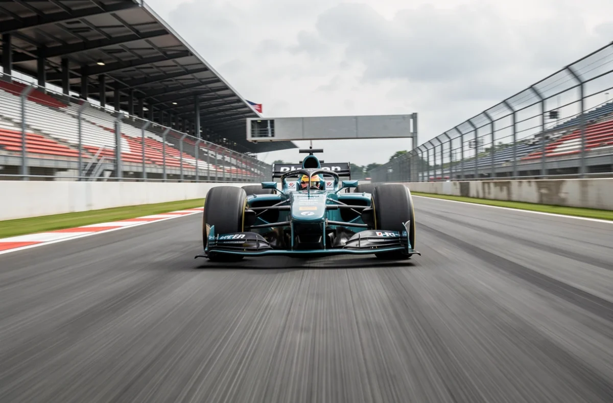 Monoplace de course lancée sur la ligne droite d'un circuit
