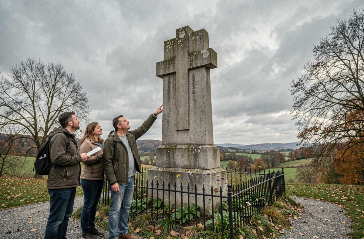 Monument en granit avec croix de Lorraine à deux barres horizontales dans la campagne lorraine, touristes lisant un panneau explicatif