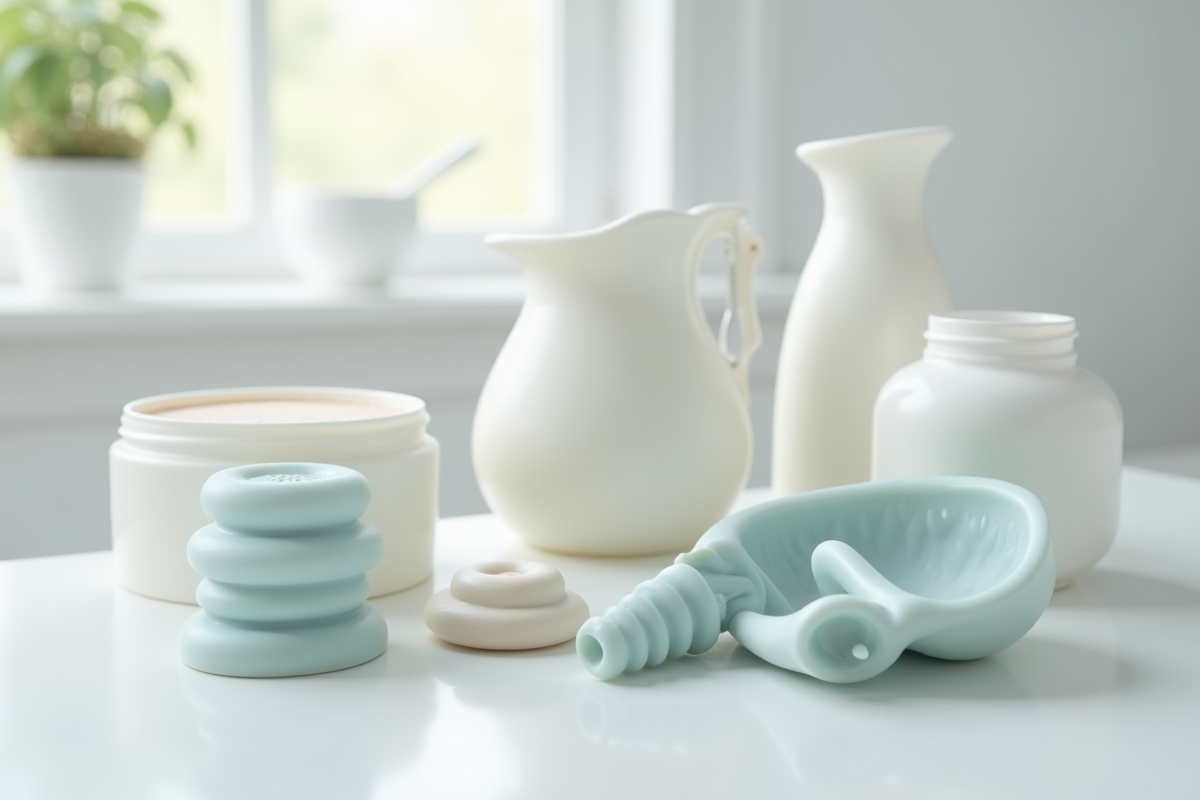 Moules en silicone et tubulures médicales sur une surface blanche