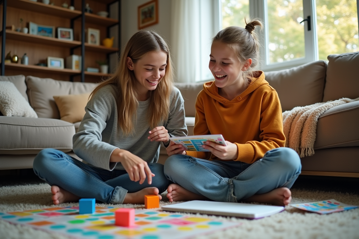 Père et fille jouant à des jeux éducatifs financiers