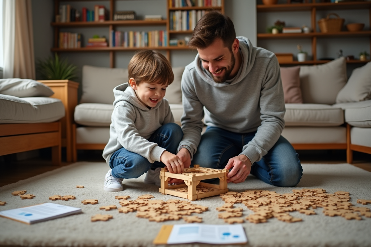 Père et fils assemblant un puzzle en bois sur le sol du salon