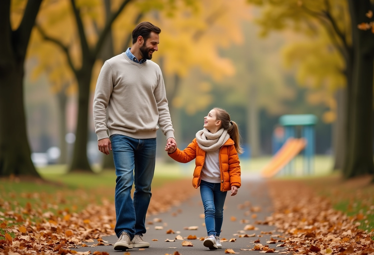 Père et fille marchant dans un parc automnal