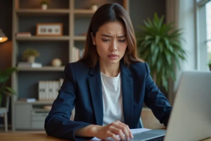 Femme consultant les paramètres de confidentialité sur un ordinateur portable dans un bureau à domicile moderne