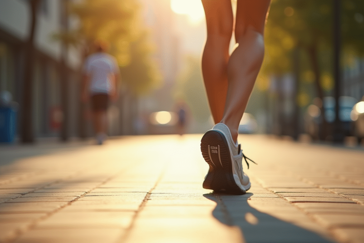 Jambes et pieds marchant sur un trottoir urbain ensoleille avec un podomètre